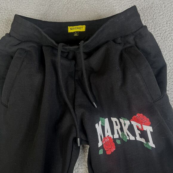 Chinatown Market Jogger Sweatpants Mens Large Black Heavyweight Spellout Roses - Picture 2 of 12